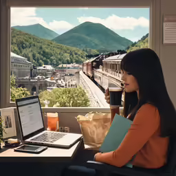 a woman with a laptop looking out a window