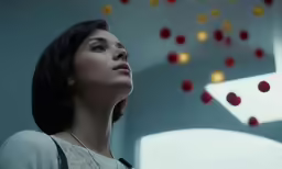 a woman standing in a room looking up at a large piece of artwork