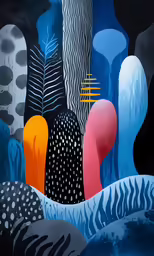 the painting shows blue and black, orange, and green items