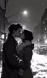 a couple kissing under an umbrella as the snow falls on them