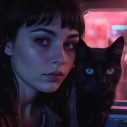a woman is holding a black cat and posing for the camera