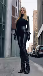a woman in black leather clothes standing on a city street