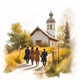 some people are walking away from an old church