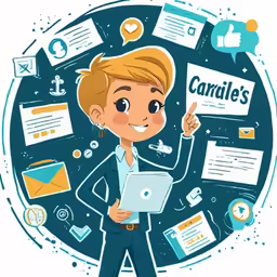 a cartoon character holding a laptop with various social media icons surrounding it