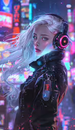 an art work featuring a woman wearing headphones,a woman wearing headphones and a jacket