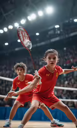 two female tennis players in the middle of the court