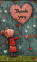 a painting of a girl holding a heart balloon with the words thank you