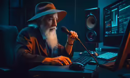 an old man sitting at a computer and recording