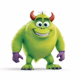 the angry little monster is smiling and wearing purple
