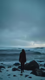 person standing on rocks on the beach looking out over the ocean