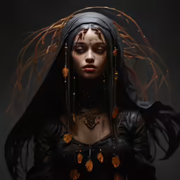 a beautiful woman dressed in a black outfit with lots of jewelry on her head