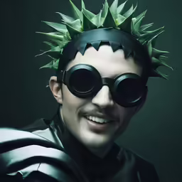 a person wearing glasses and a crown of spikes