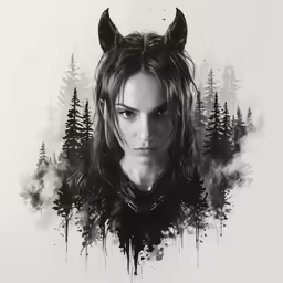 a woman with horns and trees on her head