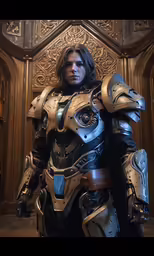 a woman in armor, standing on a stage