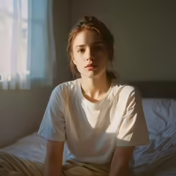an attractive woman sits on a bed with sunlight streaming through her window