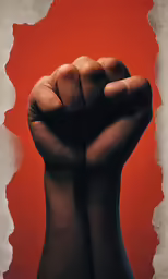 a fist raised up on a red background