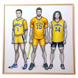 the three different players in yellow jerseys are standing,a drawing of three men in basketball uniforms with a ball and a bat