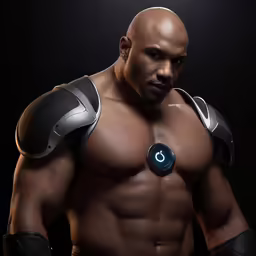 an image of a man with muscles wearing braces and armor