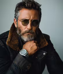a man wearing a coat and sunglasses,a man with sunglasses wearing a leather jacket