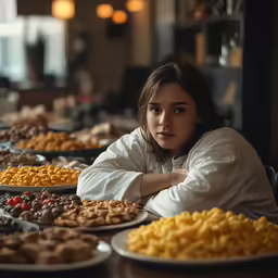 a young lady sitting at a table filled with plates and pastries