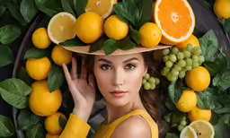 a woman with a hat made of fruit