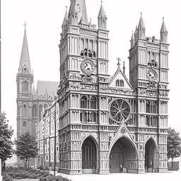 an old black and white drawing of two large towers