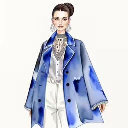 a woman standing in front of a white background wearing a blue coat