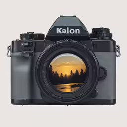 a digital camera with the view of a sunset in a lake