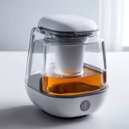 a white and silver coffee maker with a cup on top