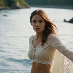 a woman is posing by the water with a dress