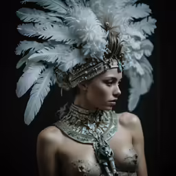 a woman in a feather headpiece with feathers around her face