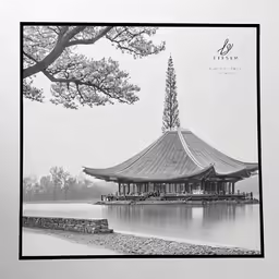 the pavilion at the edge of a river on a foggy day