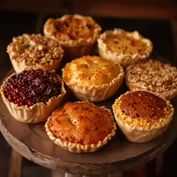 nine pies of different varieties sitting on a table