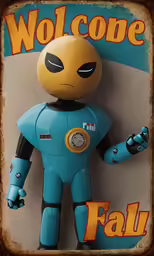 a robot doll with a sign reading welcome fall