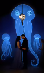couple kissing under lighted jellyfish at night