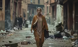 a woman in an orange jacket walking on a dirty city street