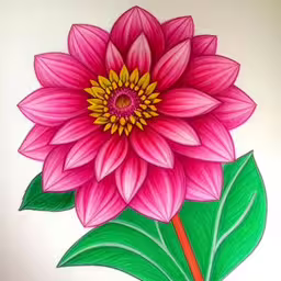 the image of pink flowers is drawn by a marker,a colorful drawing of a flower with leaves on a white background