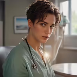 a lady in a medical scrub uniform and stethoscope