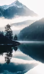 some mountains water fog and trees and a few lights