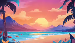 a painting shows the setting sun over a beach,this is a very nice sunset by some tropical beach