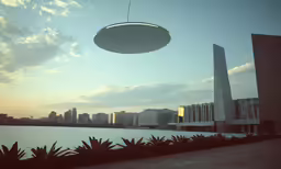 an object flying over the skyline in front of the river
