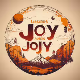 the words joy are in a circle,an abstract logo with the word joy, with a volcano in the background