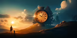 the person is standing next to the large clock