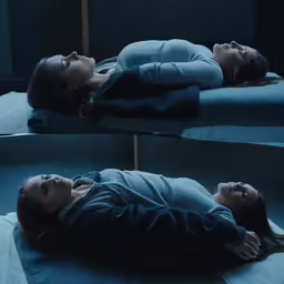 two photos of a girl lying on her side