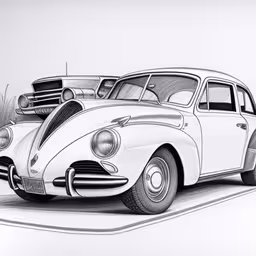 an old car with two new ones sitting on top,a pencil drawing of an old volkswagen car