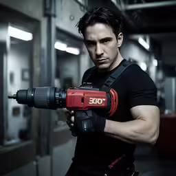 the man holding his drill is staring into the camera