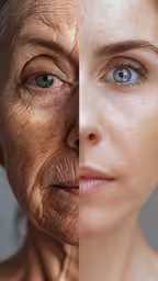 two images of a woman, one with white hair and one with blue eyes,a woman