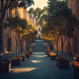 a stone paved pathway between buildings and trees