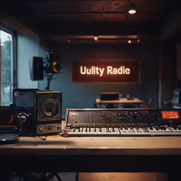 a picture of a sound studio with a keyboard, recorder and other items
