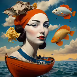 a woman in a boat is shown with fish,a painting of a lady with fish floating over her head